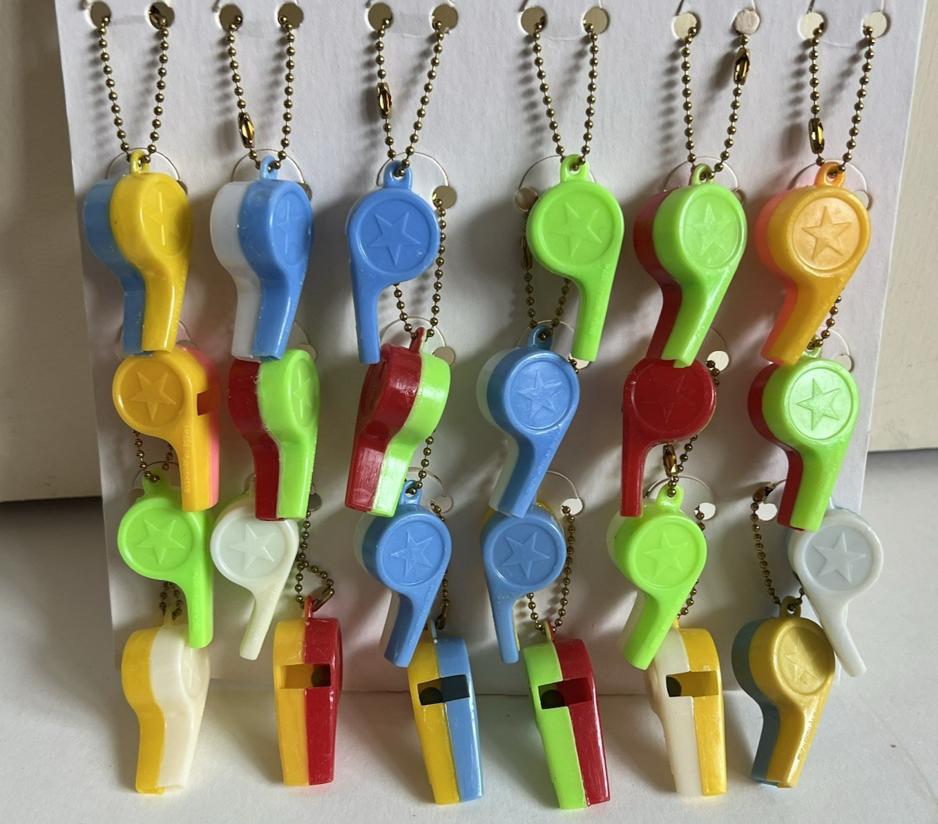 Vtg Lucky Charm Key Chain Mark Brand Plastic Whistles Original Display of 24