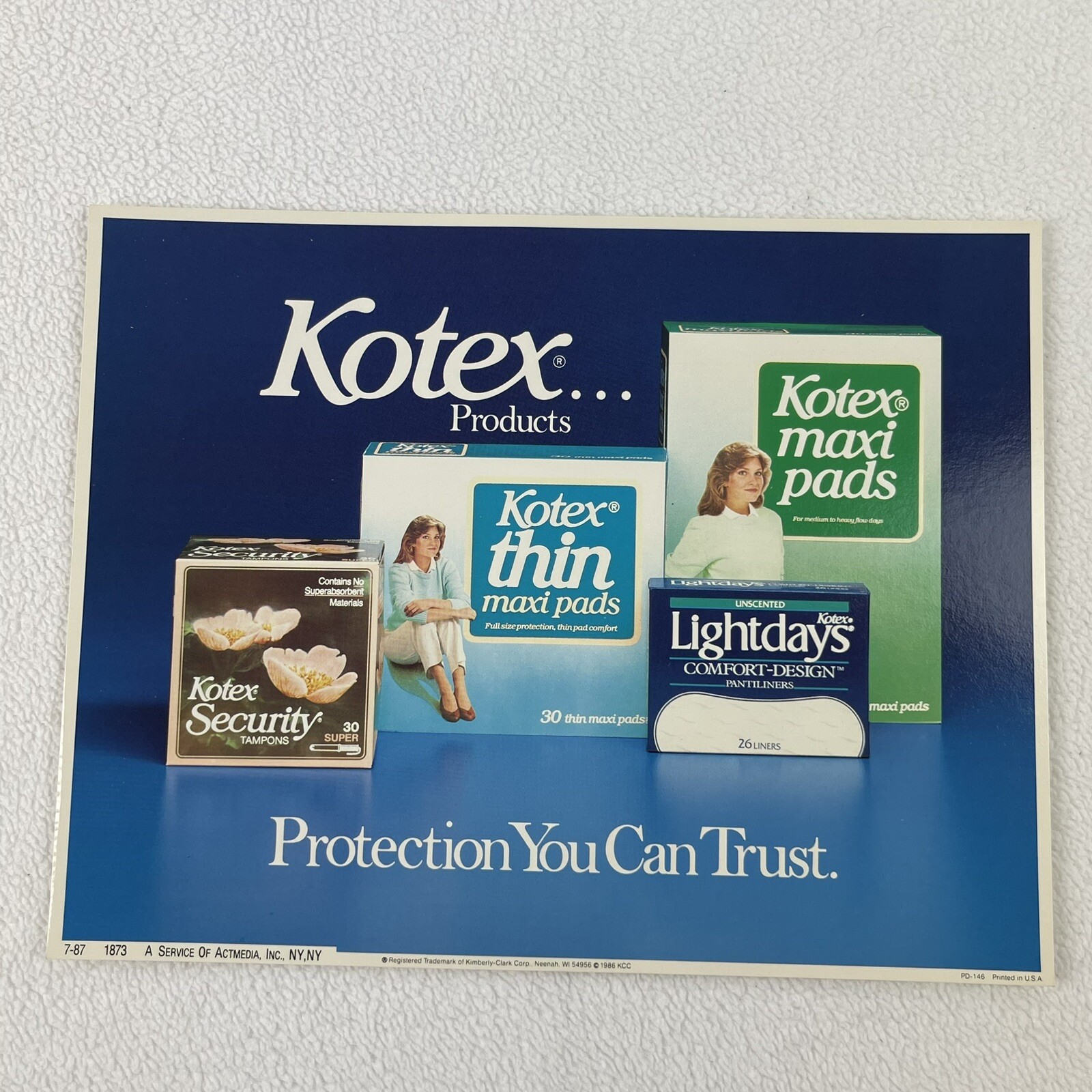 Vintage 1987 Kotex Maxi Pads Advertisement Sign Grocery Cart Display 7.5×10