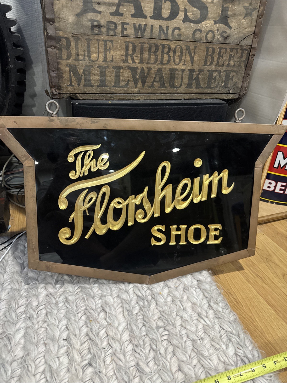 Florsheim Shoe Vintage Advertising Glass Metal Hanging Sign 28×16”