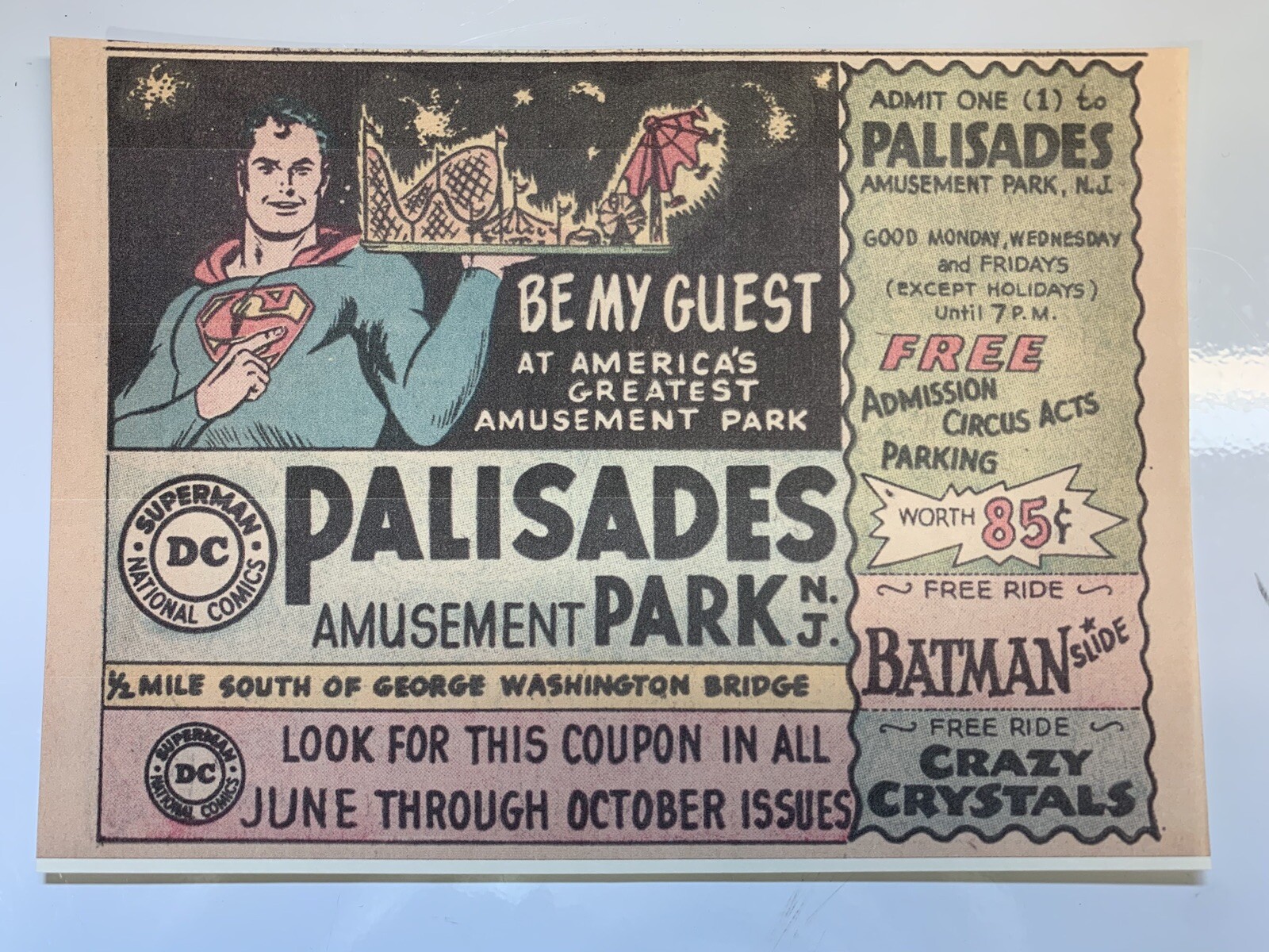 Vintage 1960s Advertising Sign SUPERMAN DC PALISADES AMUSEMENT PARK N J & COUPON