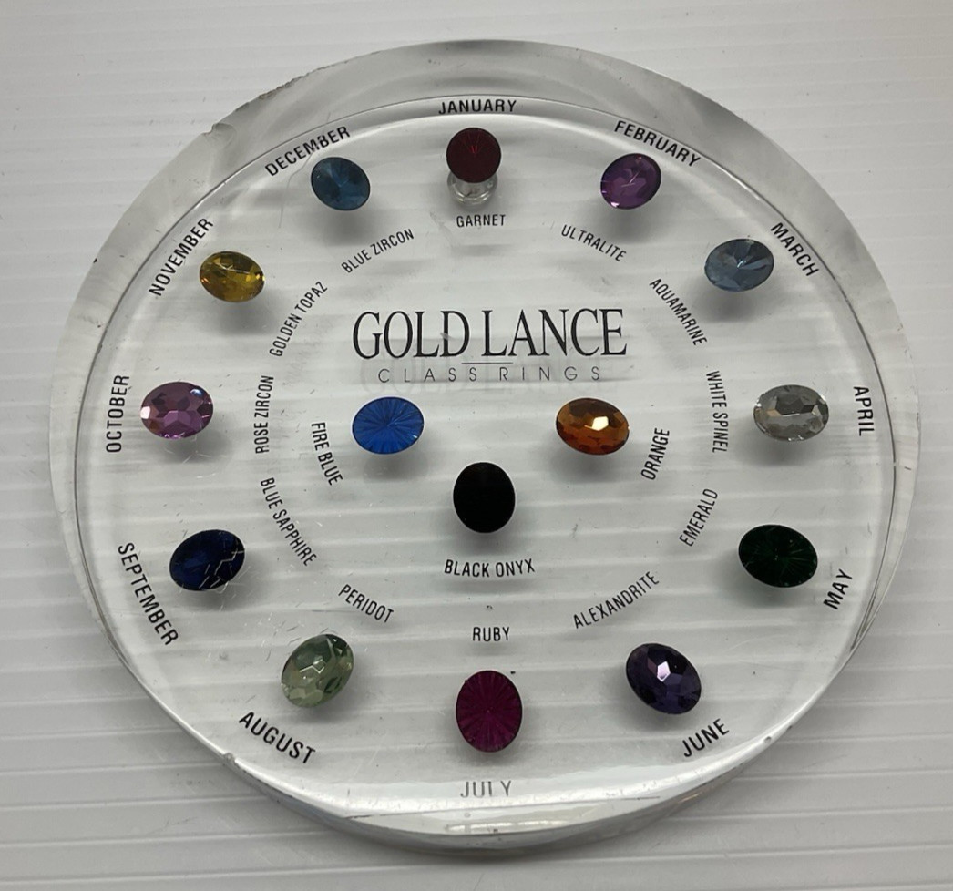 Gold Lance Class Ring Birthstone Selection Sample Lucite Display Synthetic