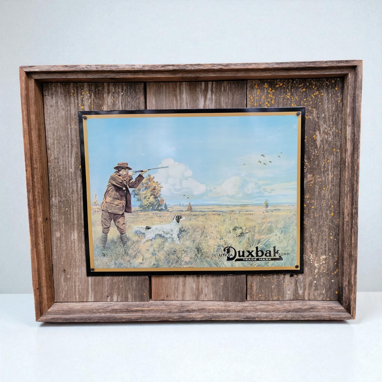 Vintage Utica Duxbak Corp Metal Store Sign w/ Rustic Wood Frame