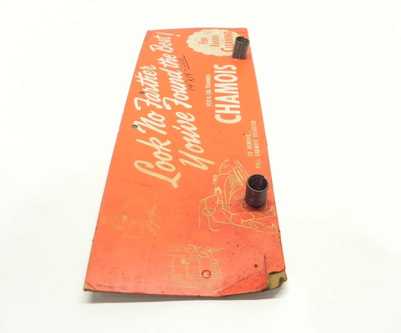 VINTAGE 1940’S CHAMOIS 100% OIL TANNED SPRING HOLDER CARDBOARD DISPLAY 17″x6″