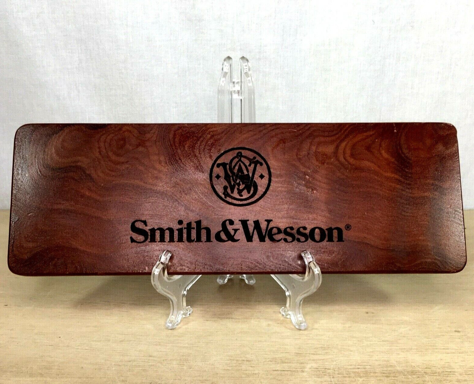 Smith & Wesson Wood Sign Brown Engraved Solid Plaque Original Store Display SW