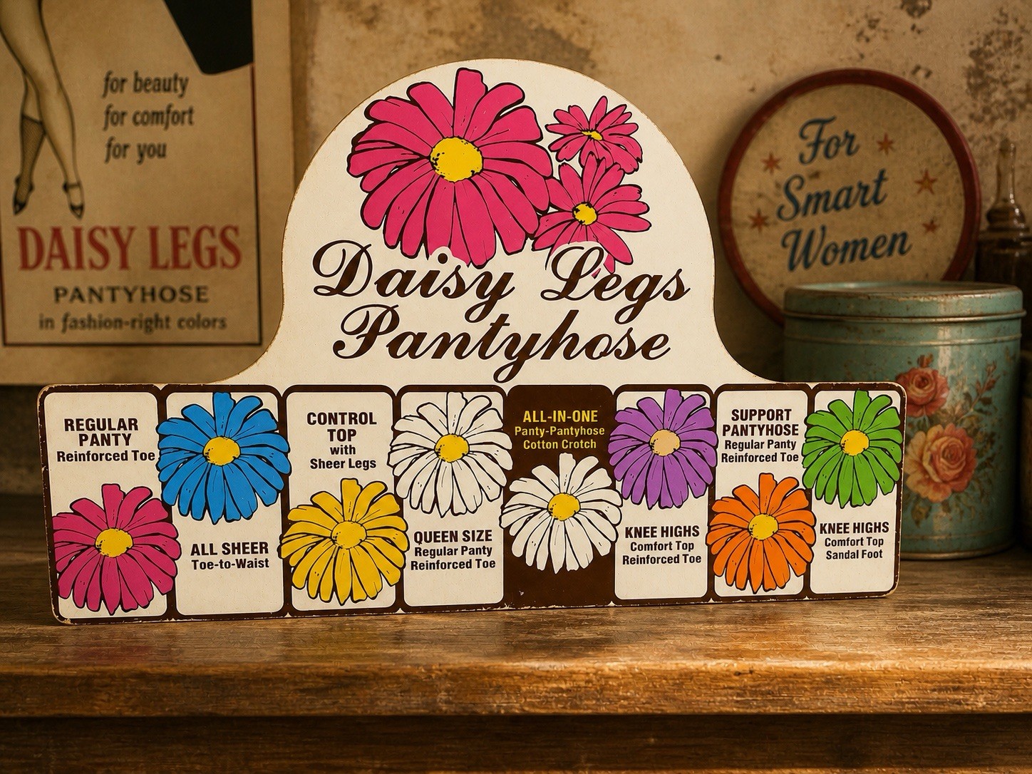 Vintage Daisy Legs Pantyhose Store Display Sign Retro 1970s Floral Advertising