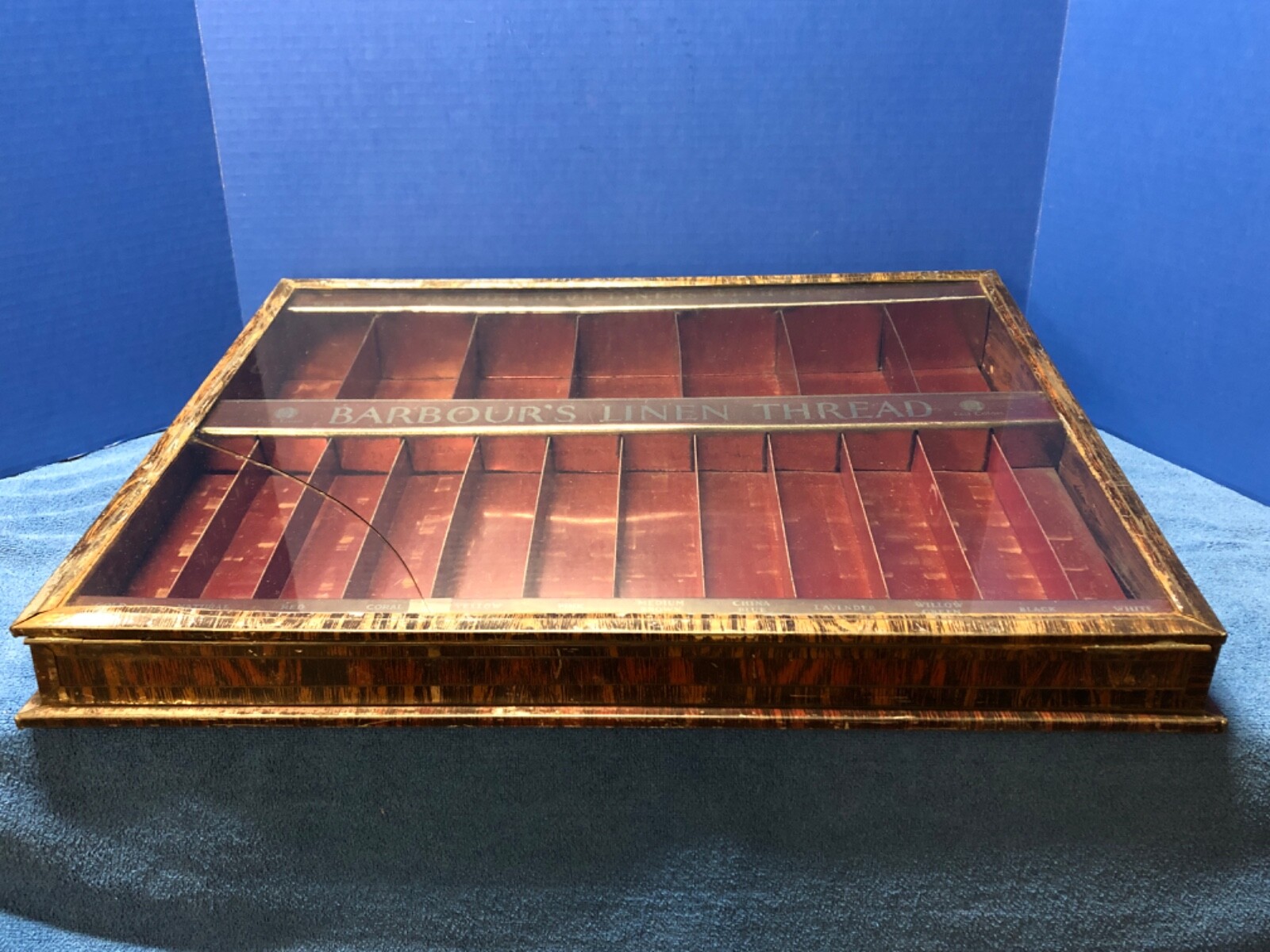 BARBOUR’S Linen THREAD Antique ORIGINAL Metal Counter DISPLAY Case for SPOOLS