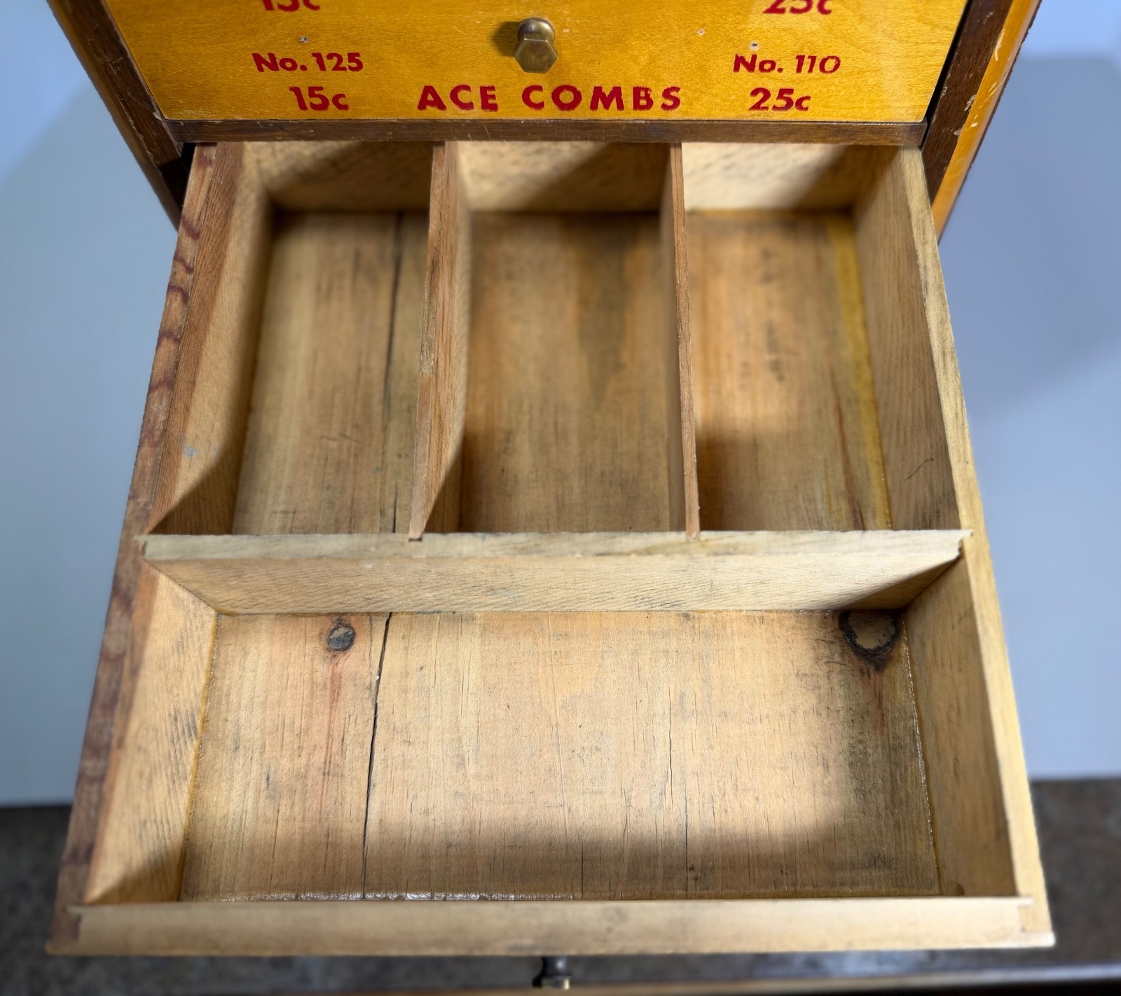 Antique Wooden ACE Combs Store Display Cabinet 4-Drawer, 2 Glass Sides Beautiful