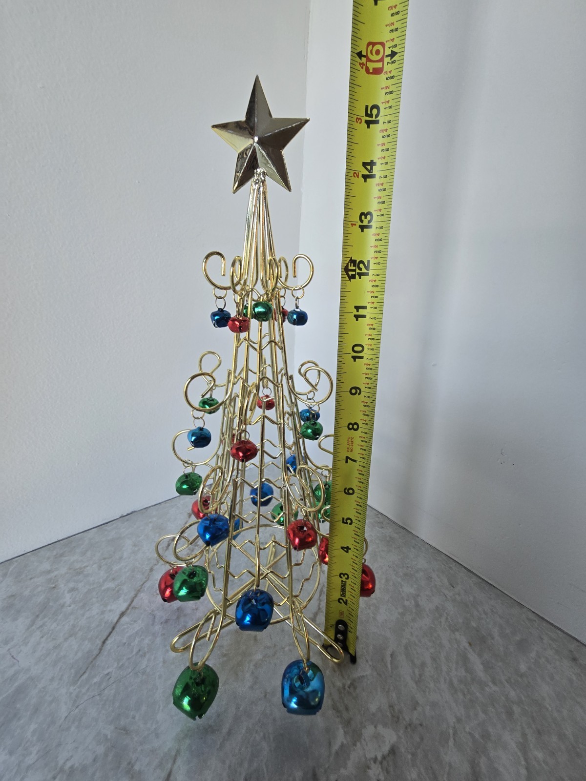 Vintage Gold Metal Wire Christmas Tree W/Jingle Bells And Star Tabletop Decor