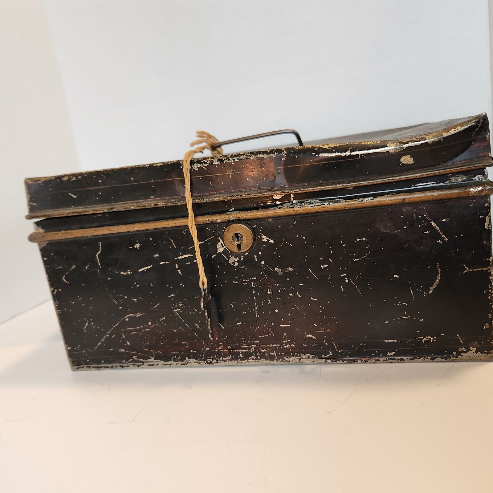 Antique Safe Metal Cash Money Box Black Locking w/Key Gold Scrollwork Distressed