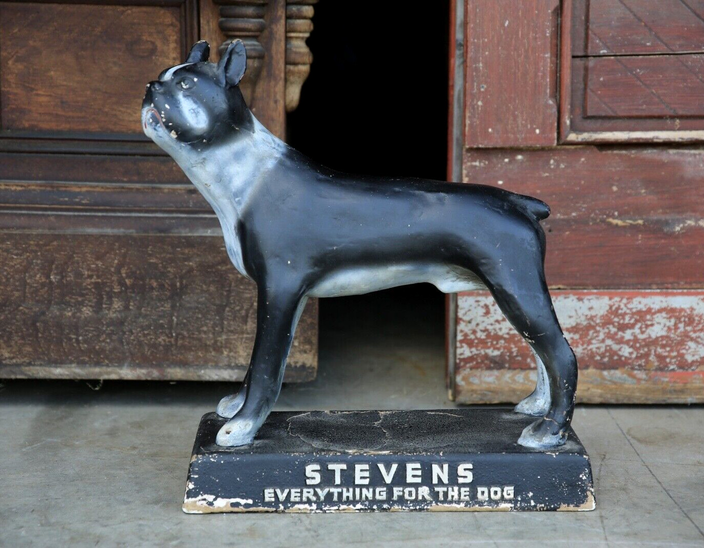 Antique Store Counter Display STEVENS Dog Food Bulldog Terrier Vintage Dog Sign