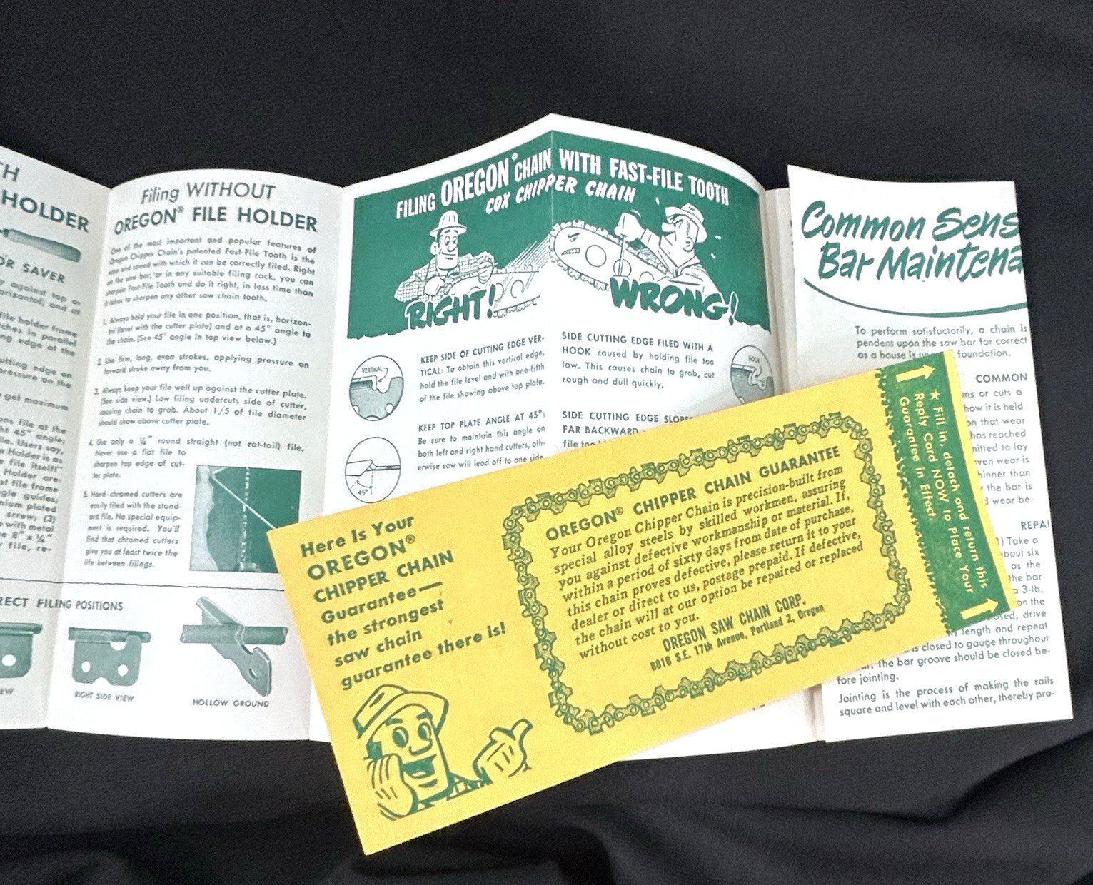 1952 Oregon Chipper Chain Filing Maintenance Leaflet & Guarantee, Advertising