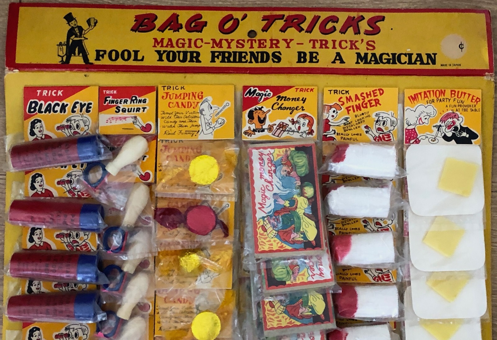 Vintage Joke Display 1950’s Novelty Gag Magic Bag O’ Tricks Store Display NOS