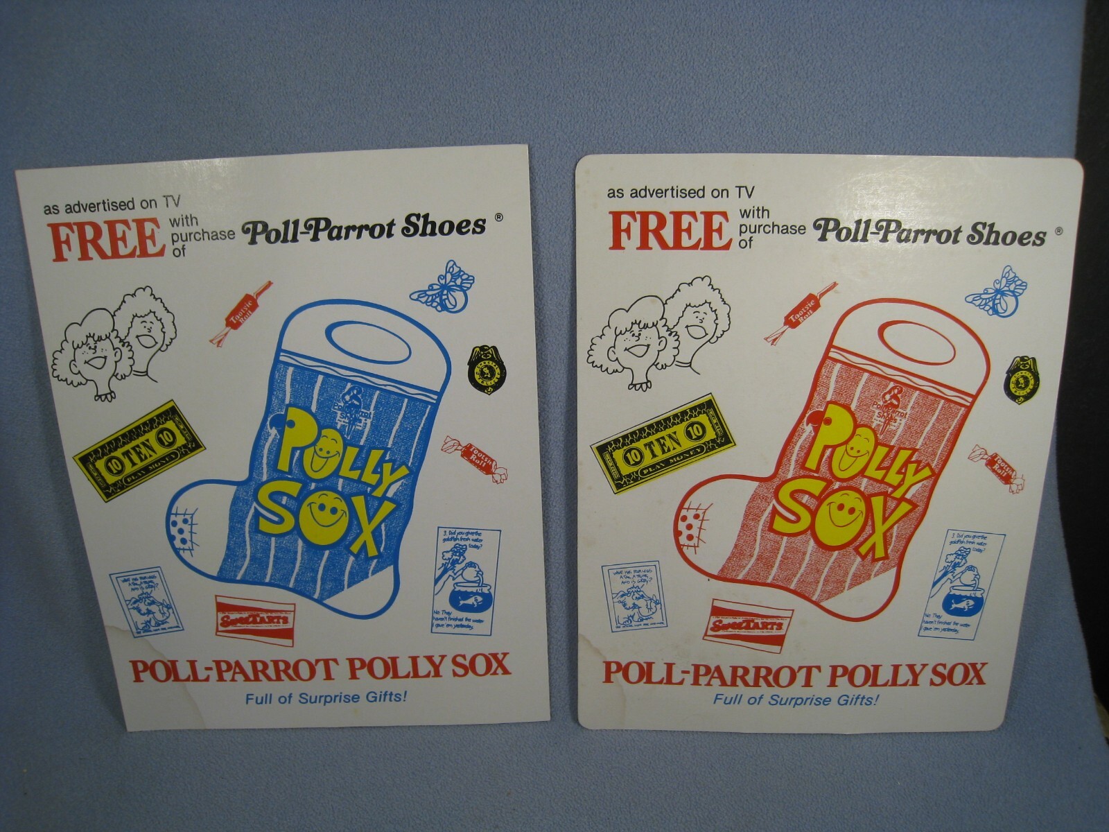 Lot of 2 Vintage Cardboard Poll-Parrot Polly Sox Sign’s 13 1/2″ Tall X 10 1/2″ W