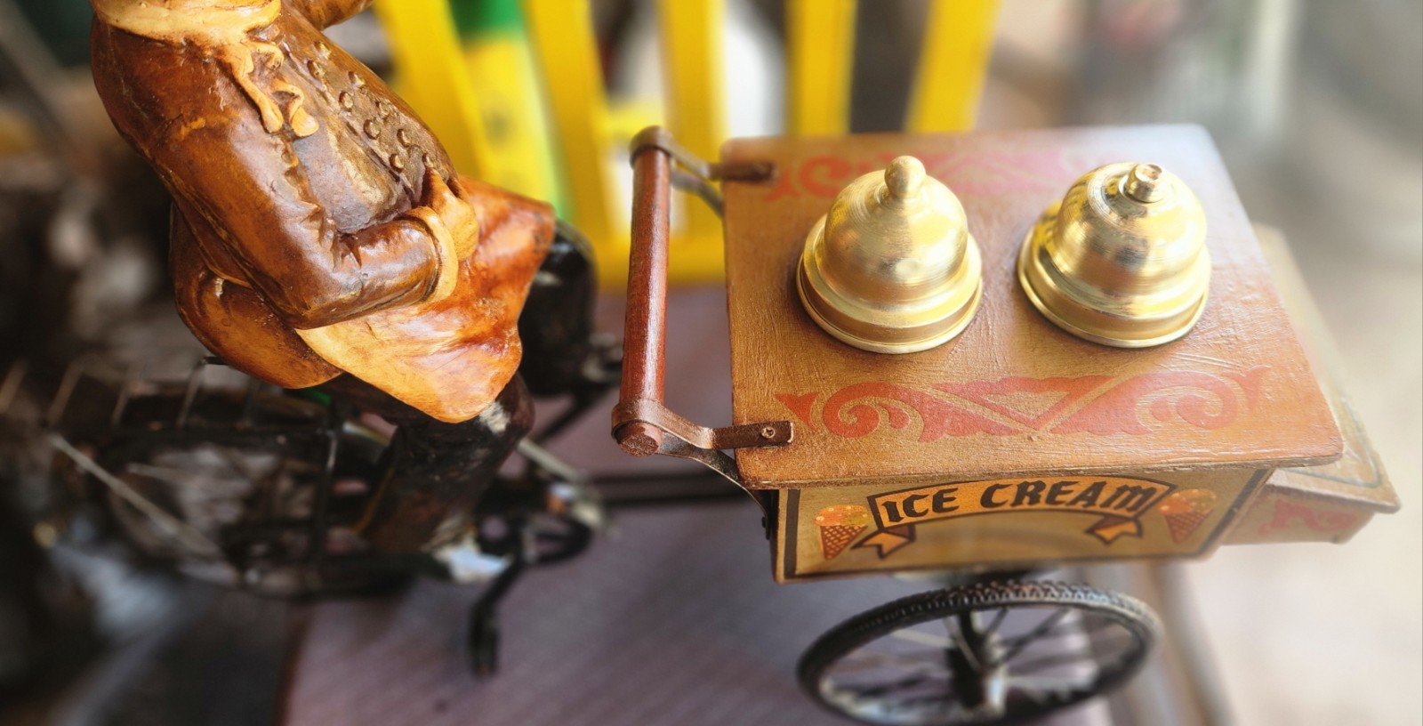 Rare HTF Metal & Wood Decorative Vintage Ice Cream 3 Wheel Bicycle n Cart+ Man