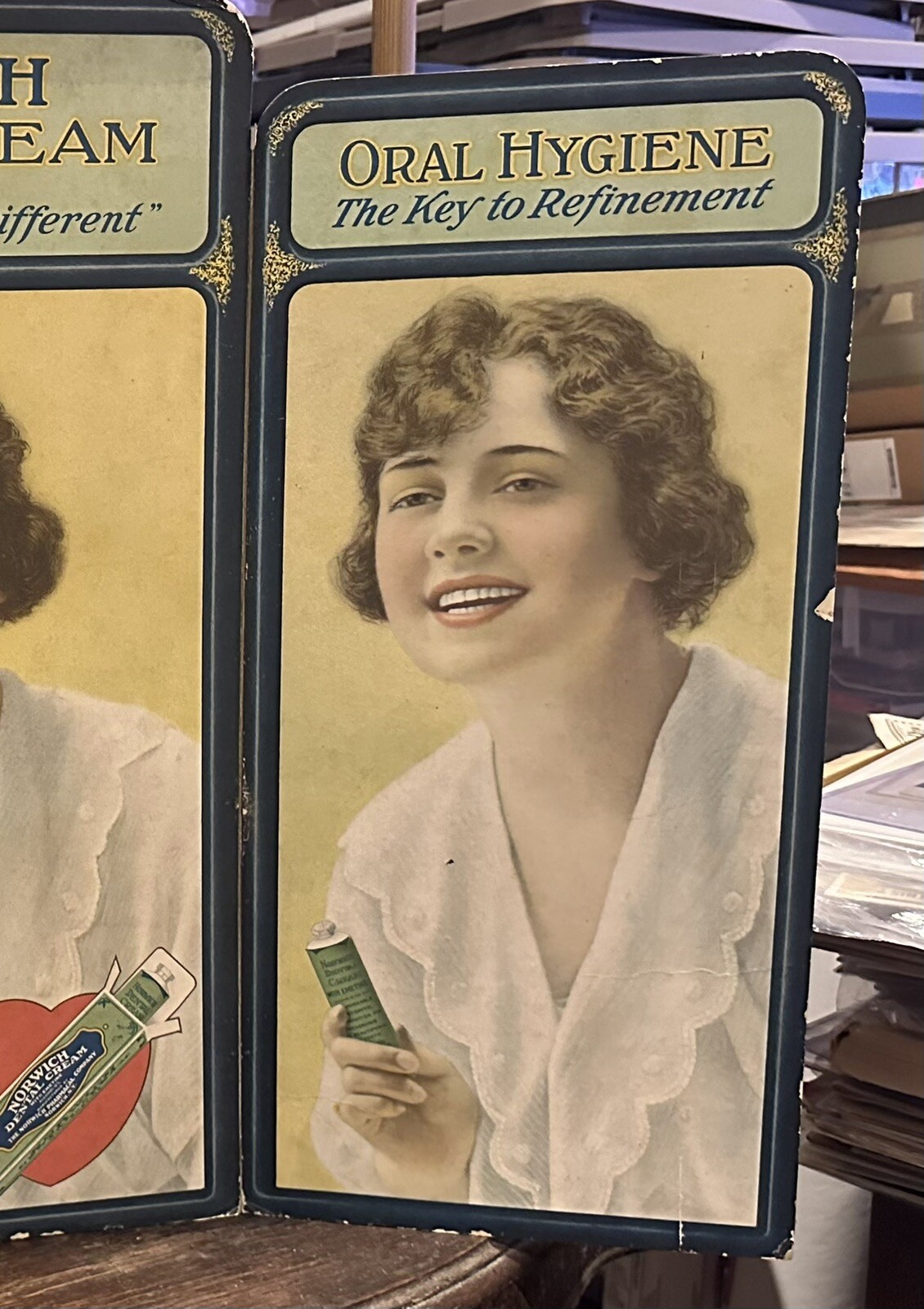 NORWICH DENTAL CREAM RARE 1920Ss TRI-FOLD STORE DISPLAY GORGEOUS FEMALE LITHO