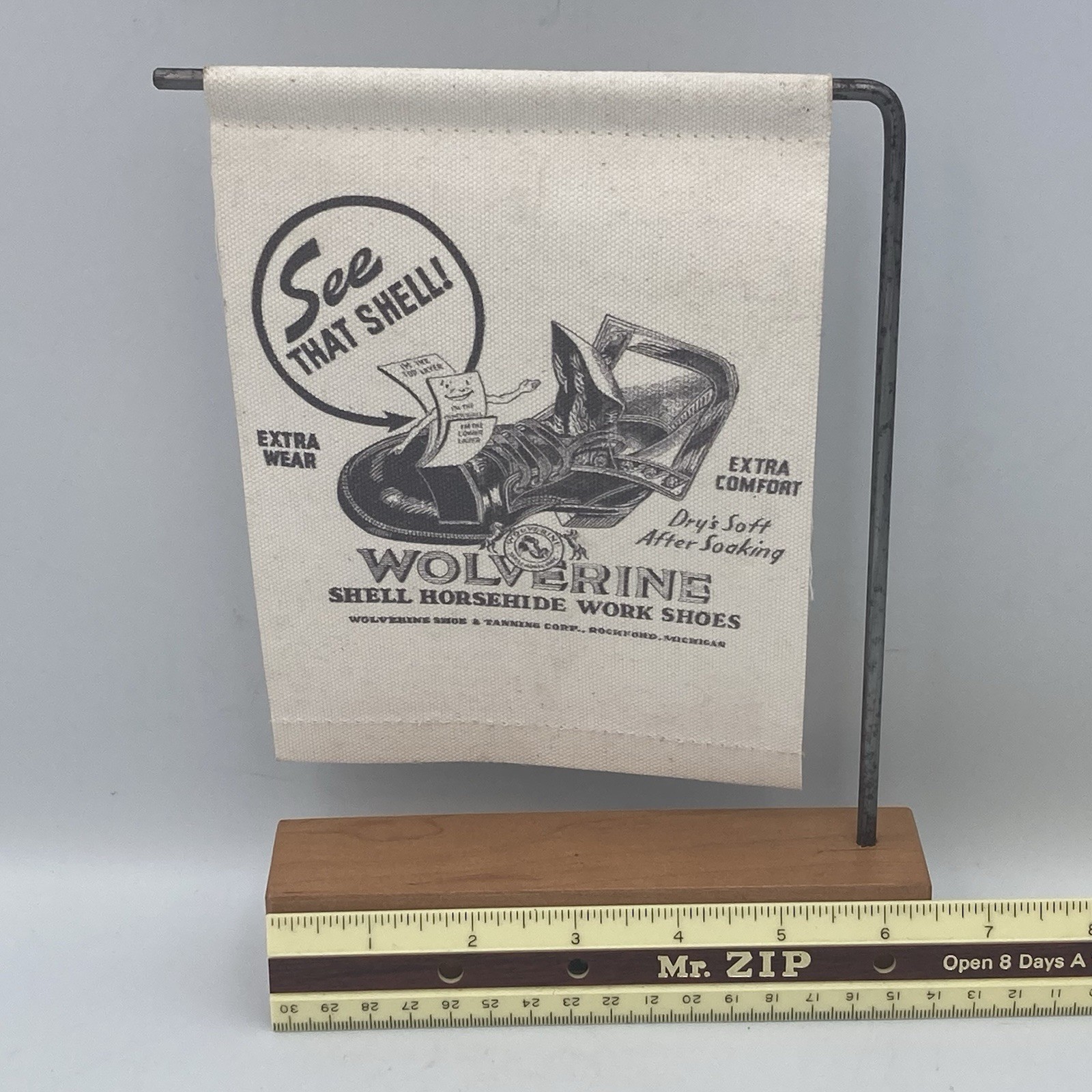 Vintage Wolverine Boots Shoe Sign Store Display Wood Block Canvas Flag 1000 Mile