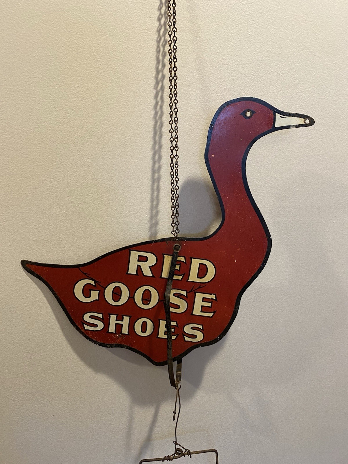 Old RED GOOSE SHOES String Dispenser Hanging Sign Display Vintage Advertising