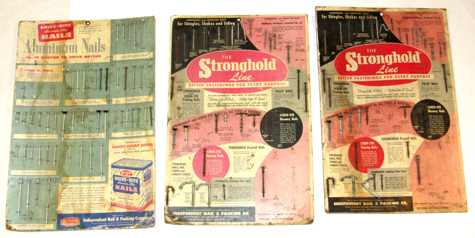 3 VINTAGE HARDWARE STORE NAIL ADVERTISING DISPLAYS! 12×18″ ALUMINUM/MASONRY/ROOF