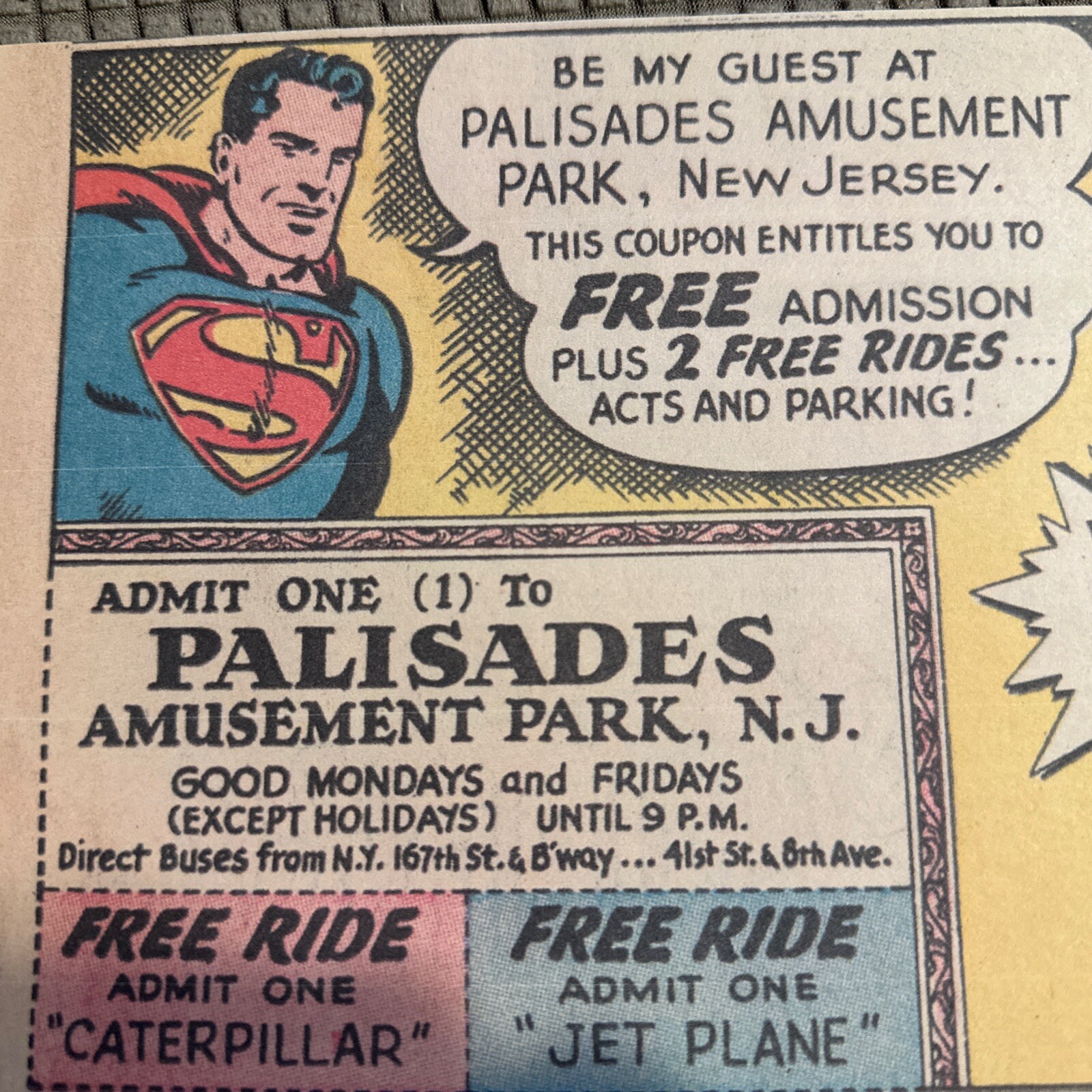 Vintage 1960s Advertising Sign SUPERMAN DC PALISADES AMUSEMENT PARK N J & 2 Tkts