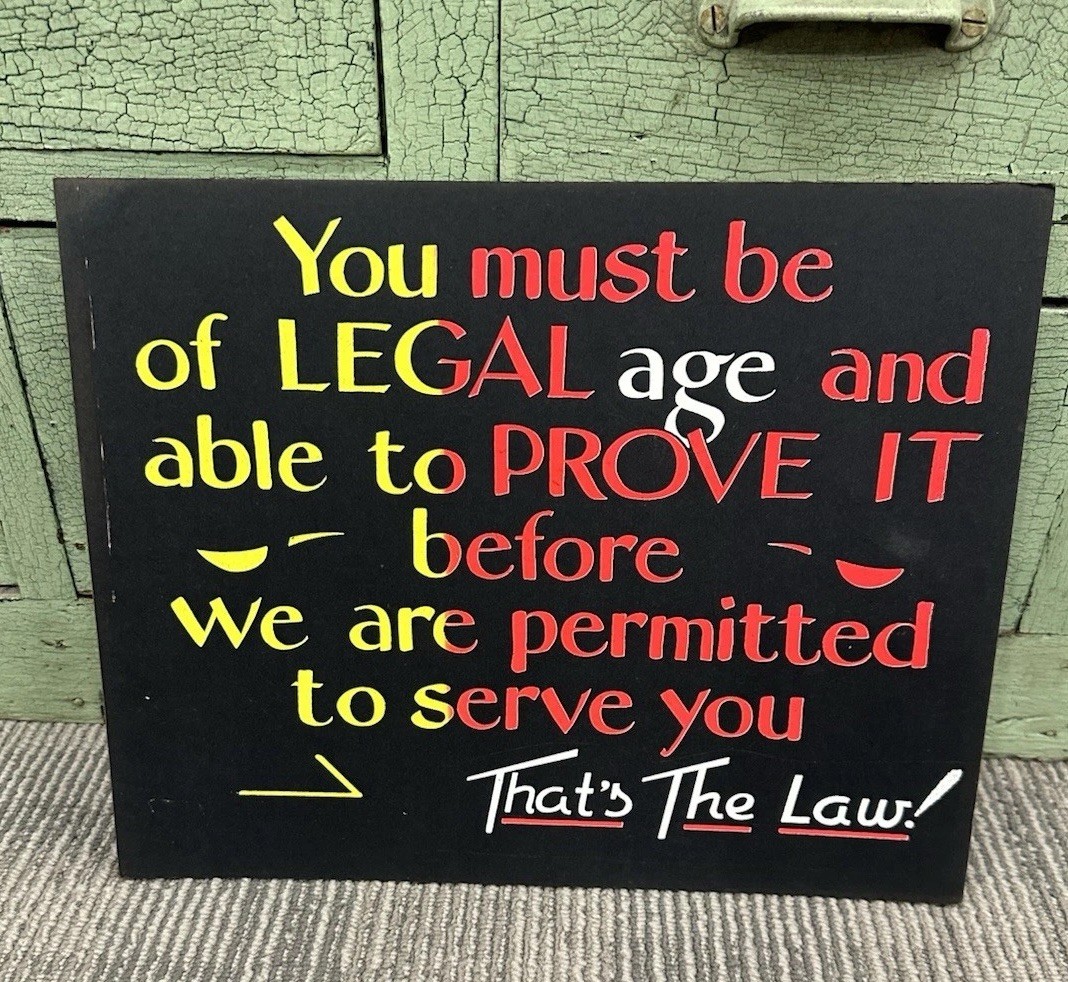 Vintage NOS Legal Age Drinking Restaurant Cardstock Counter Display Sign