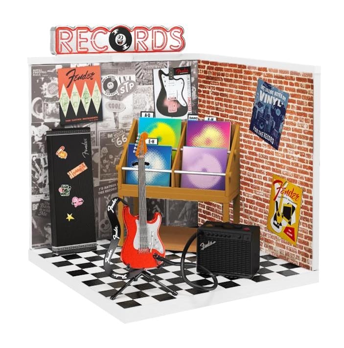 Deluxe Mini Music Record Shop Display Set with Fender Guitar & Accessories, Cust