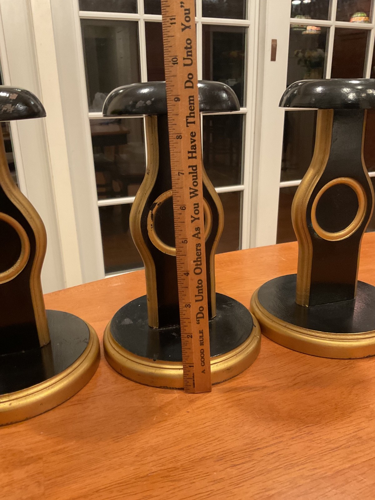 3 HOLLYWOOD REGENCY WOODEN BLACK & GOLD HAT /WIG DISPLAY STANDS – NO MONOGRAM