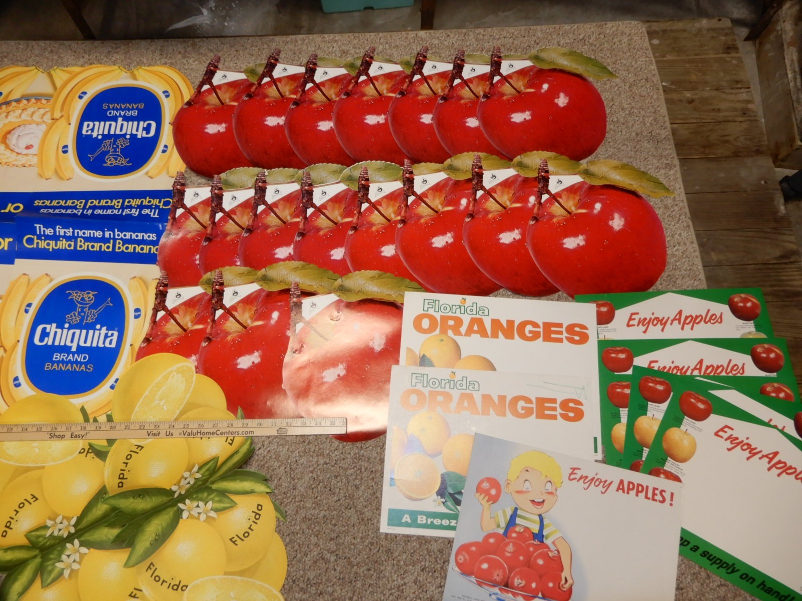 VINTAGE ADVERTISING GENERAL STORE APPLES BANANAS ORANGES SIGNS CA. 1970