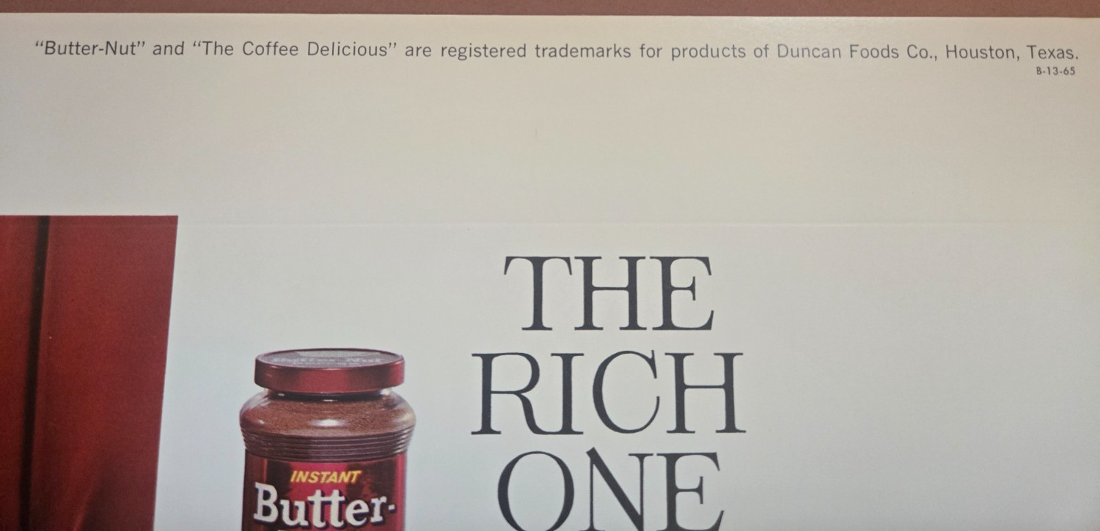 1965 Butter-Nut Coffee “The Rich One” Cardboard Store Display Sign NOS