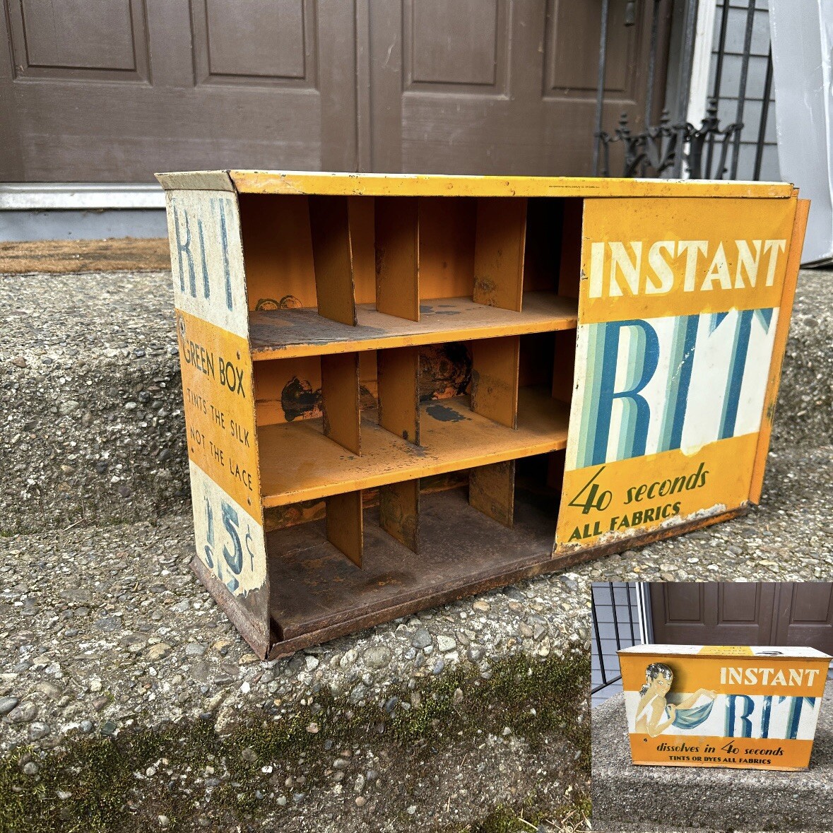 VINTAGE ANTIQUE TIN RIT DYE STORE COUNTERTOP DISPLAY CABINET 21x7x13”