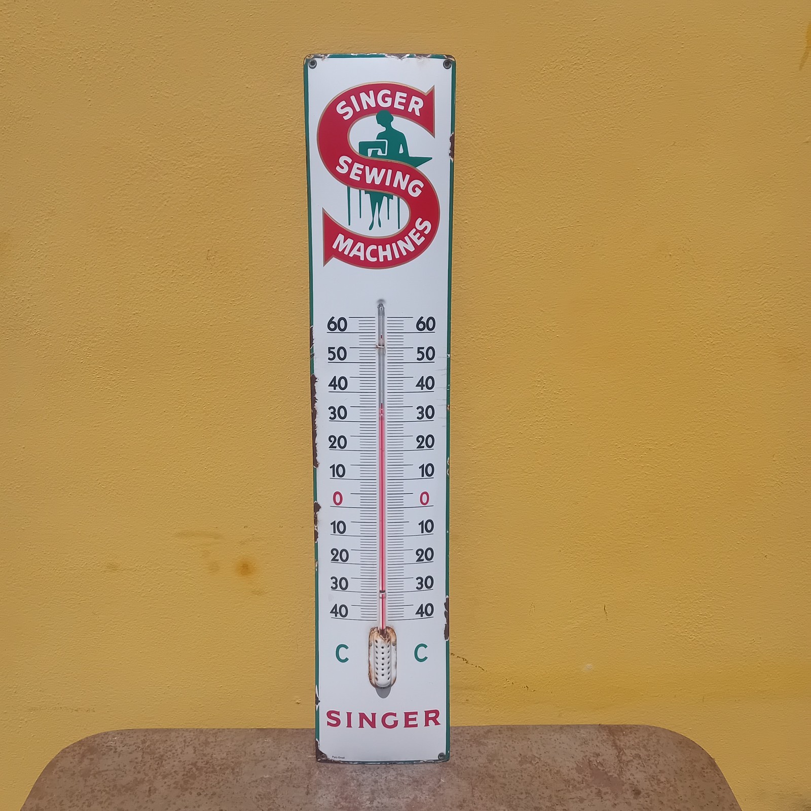 Singer Enamel Thermometer Table Sign