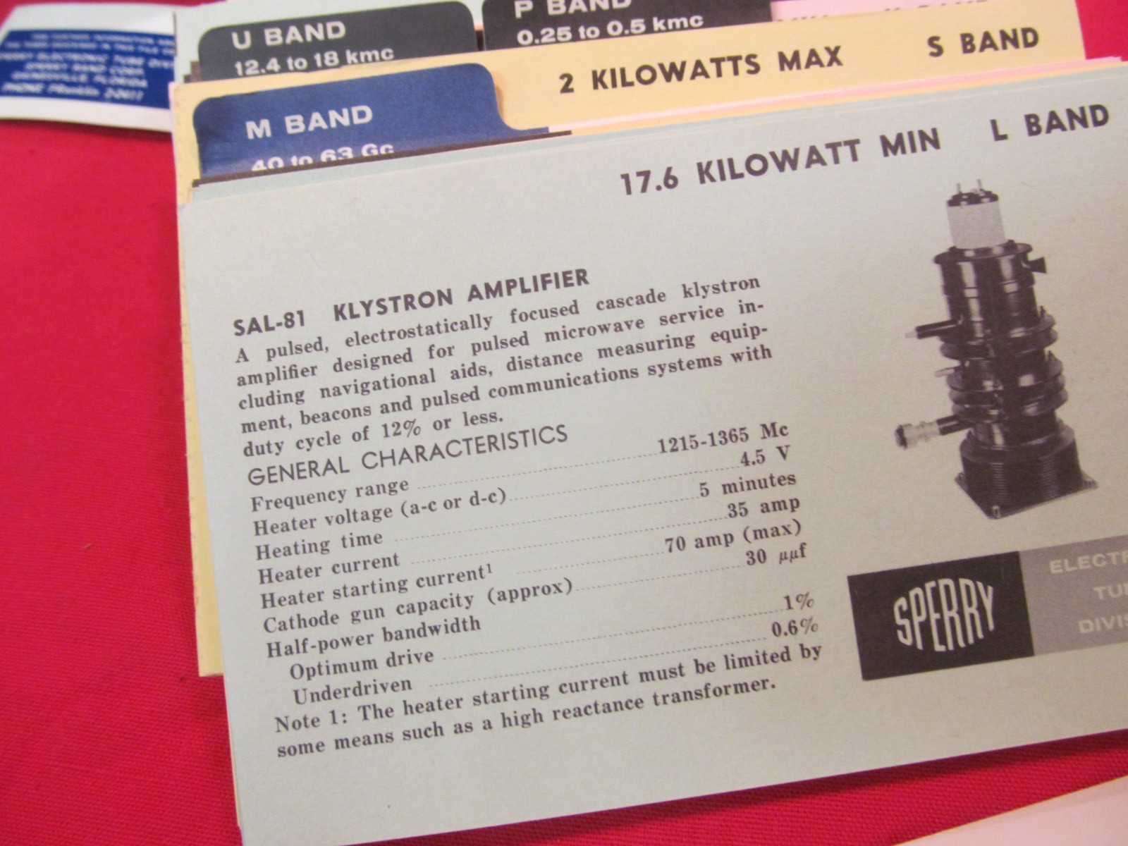 RARE SPERRY SPECI-FILE ELECTRONIC TUBE DIVISION SPECIFICS ON INDEX CARDS
