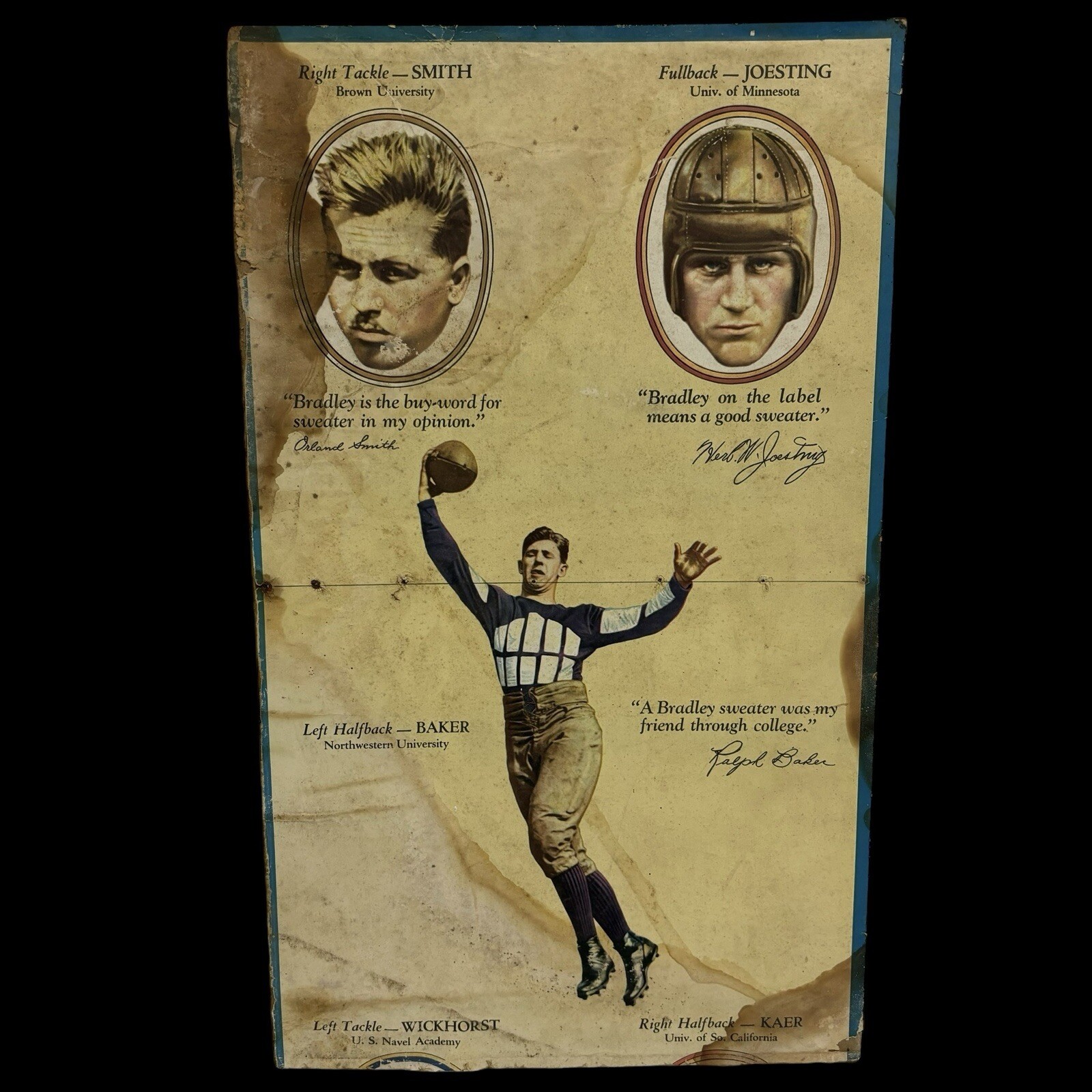 Antique 1920s Bradley Sweaters Football Uniforms Sports Store Display Sign