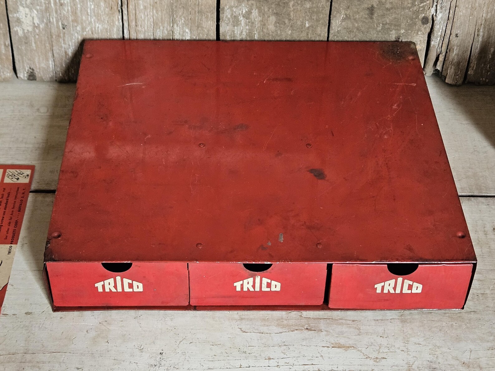 Vintage Trico Red Metal Box with Drawers, Red Car Parts Bin, Auto Store Display