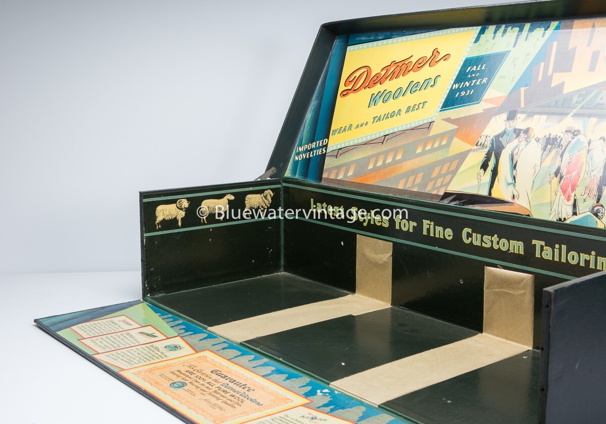 1931 Detmer Woolen Salesman Sample Fabric Display Box Amazing Deco Graphics EX!