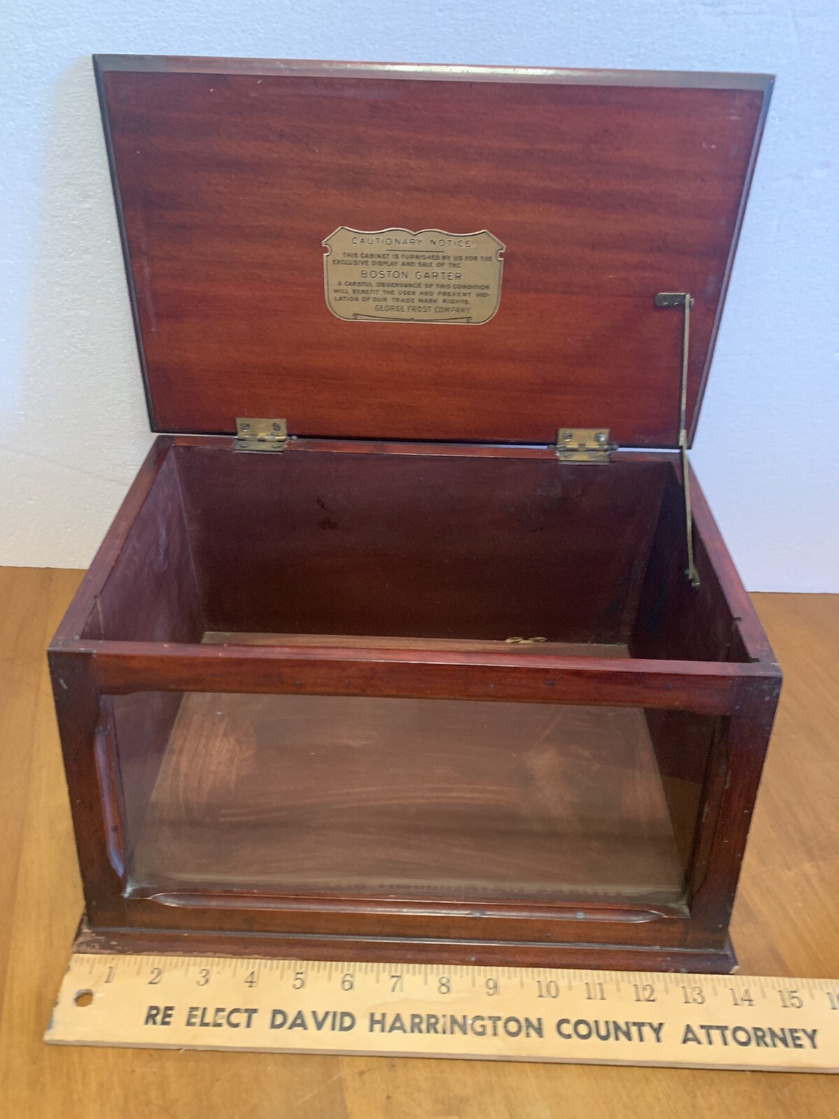 Antique Boston Garter Store Display Cabinet Advertising Case Mahogany 14x11x8”