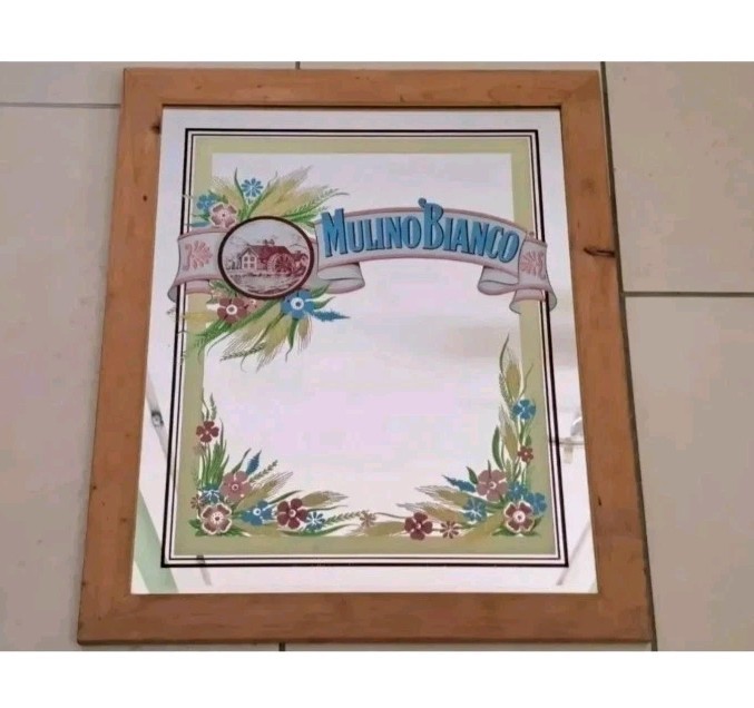 ADVERTISING MIRROR SIGN FRAME-WHITE MILL WITH WOOD FRAME-VINTAGE