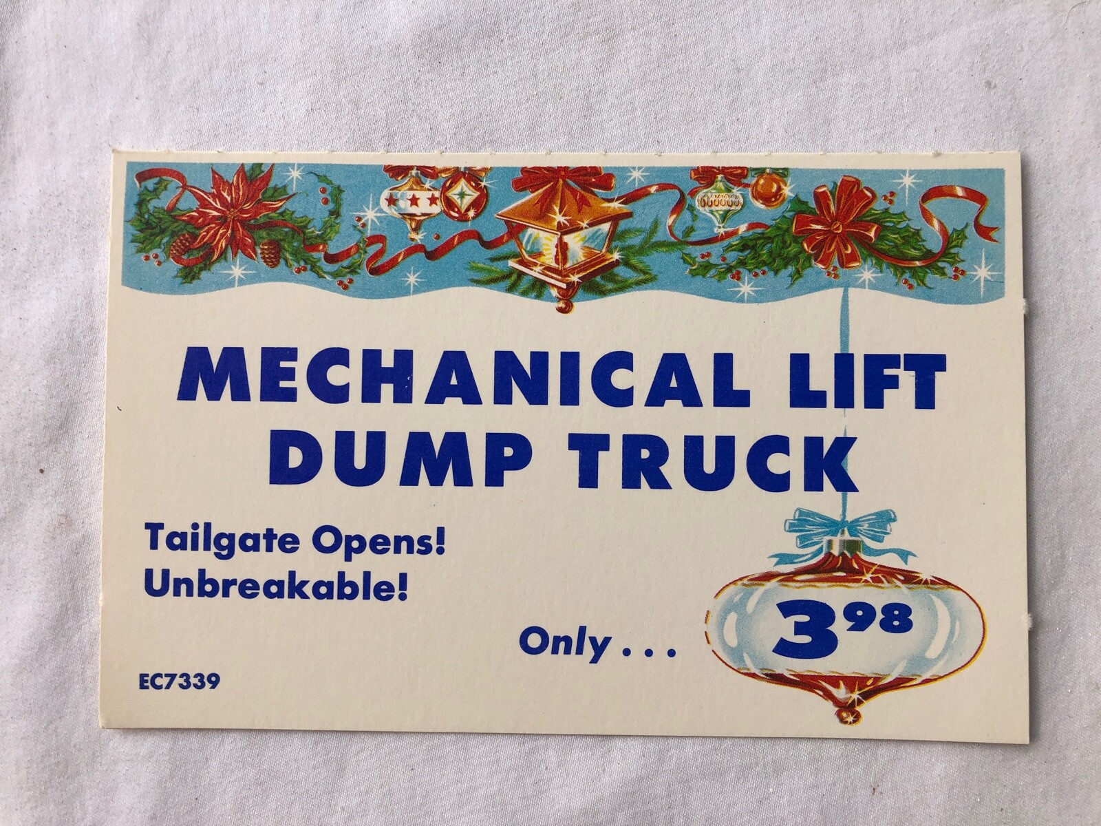 Vintage STORE SIGN PRICE CARD Mechanical Lift Dump Truck Christmas Ornament #11