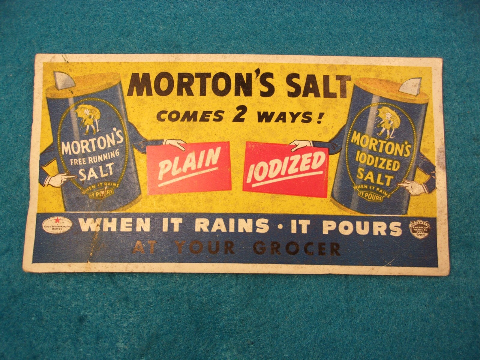RARE OLD VTG ANTIQUE 1930s? STORE DISPLAY CARD: MORTON’S SALT, COMES IN 2 WAYS!