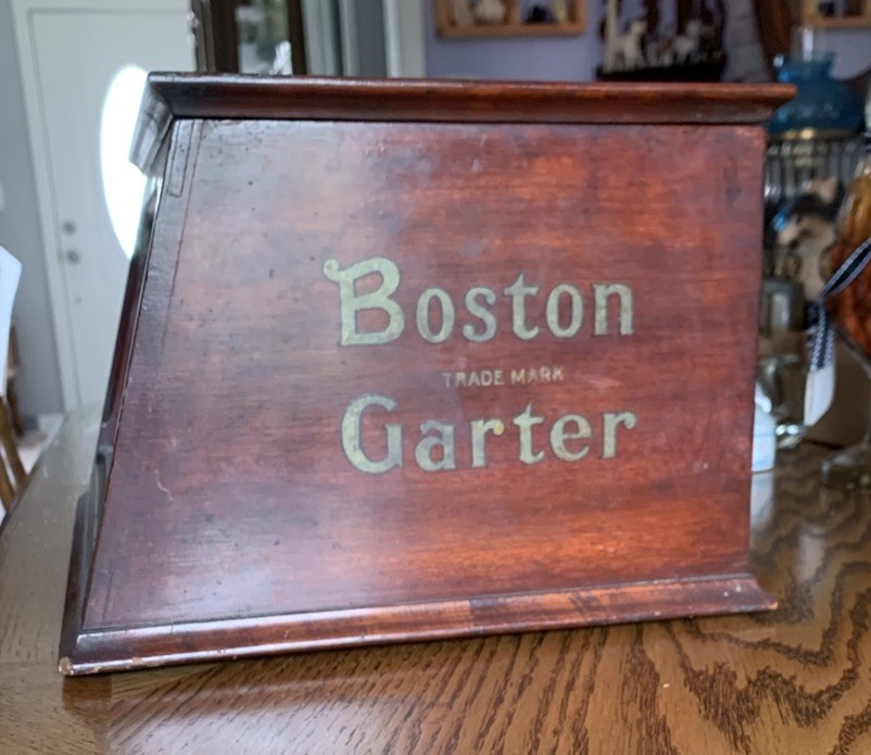 Antique Boston Garter Store Display Cabinet Advertising Case Mahogany 14x11x8”