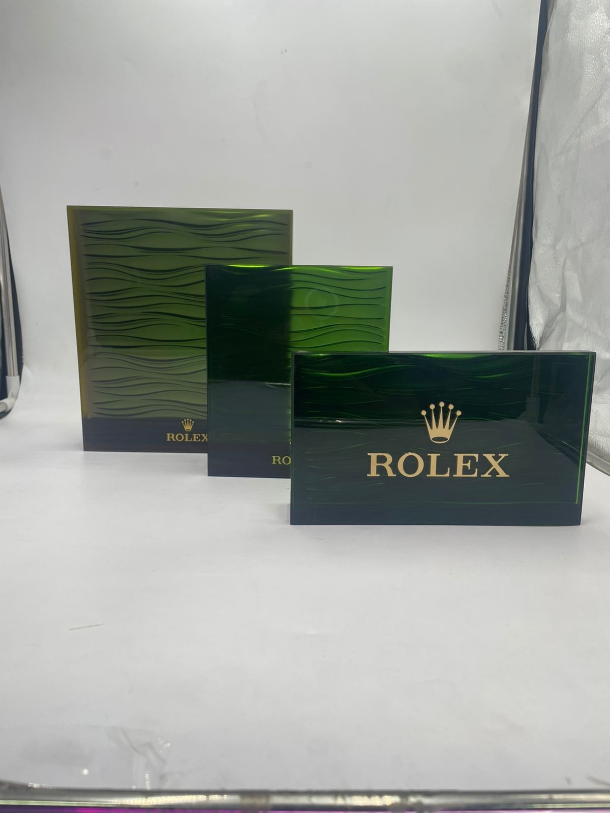 Rolex Store Acrylic Green Waves Displays 3pc Set