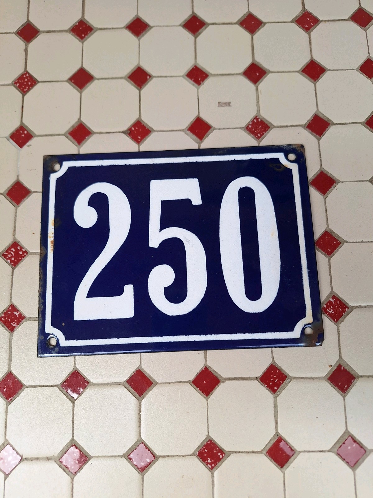 Large Antique Enameled Plaque Street Number 250 20X15cm Navy Blue Enamel