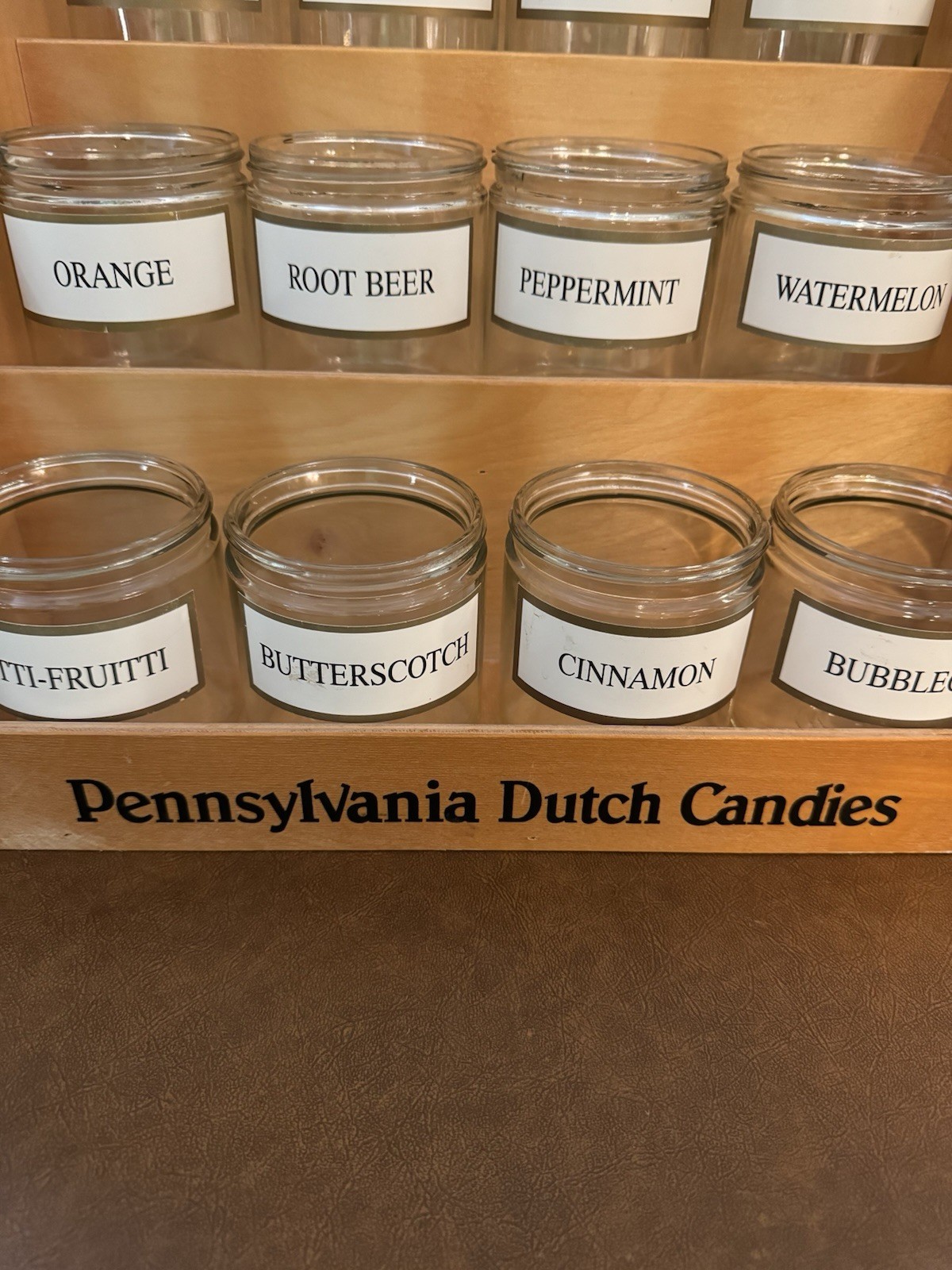 Vtg Pennsylvania Dutch Country Store Candy Counter 3 Shelf Wood & Jars Display