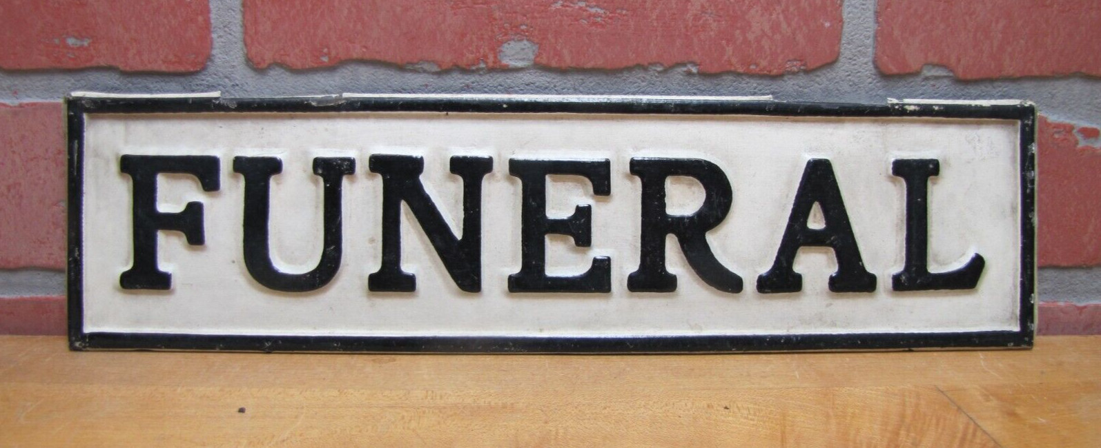FUNERAL Original Old Sign Hearse Plate Topper Top Bend Over Hanger Embossed Ad