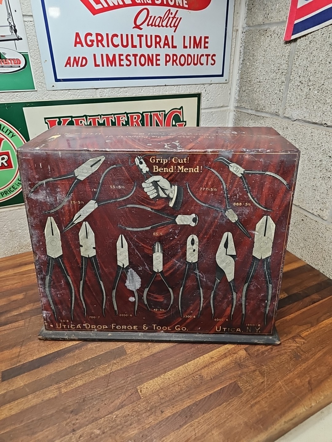 Antique Utica Drop Forge & Tool Co. Plier Hardware Store Display Cabinet Sign