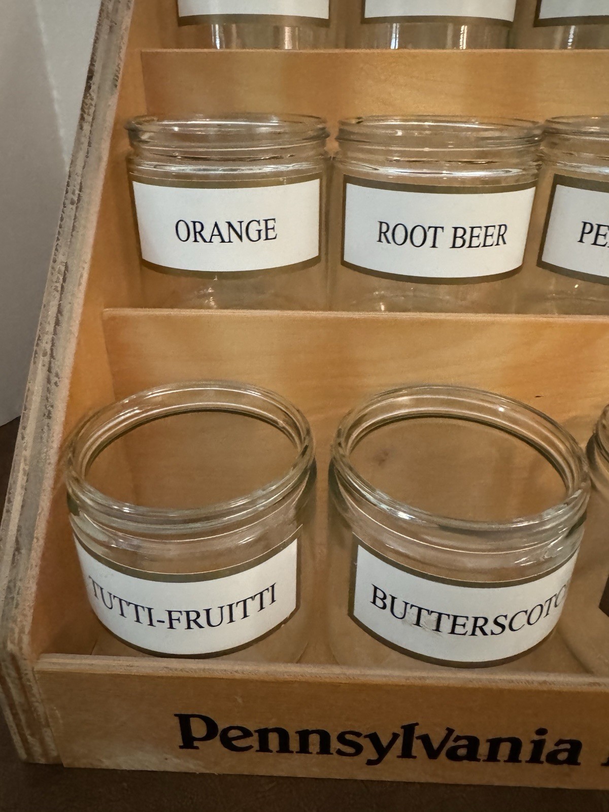 Vtg Pennsylvania Dutch Country Store Candy Counter 3 Shelf Wood & Jars Display