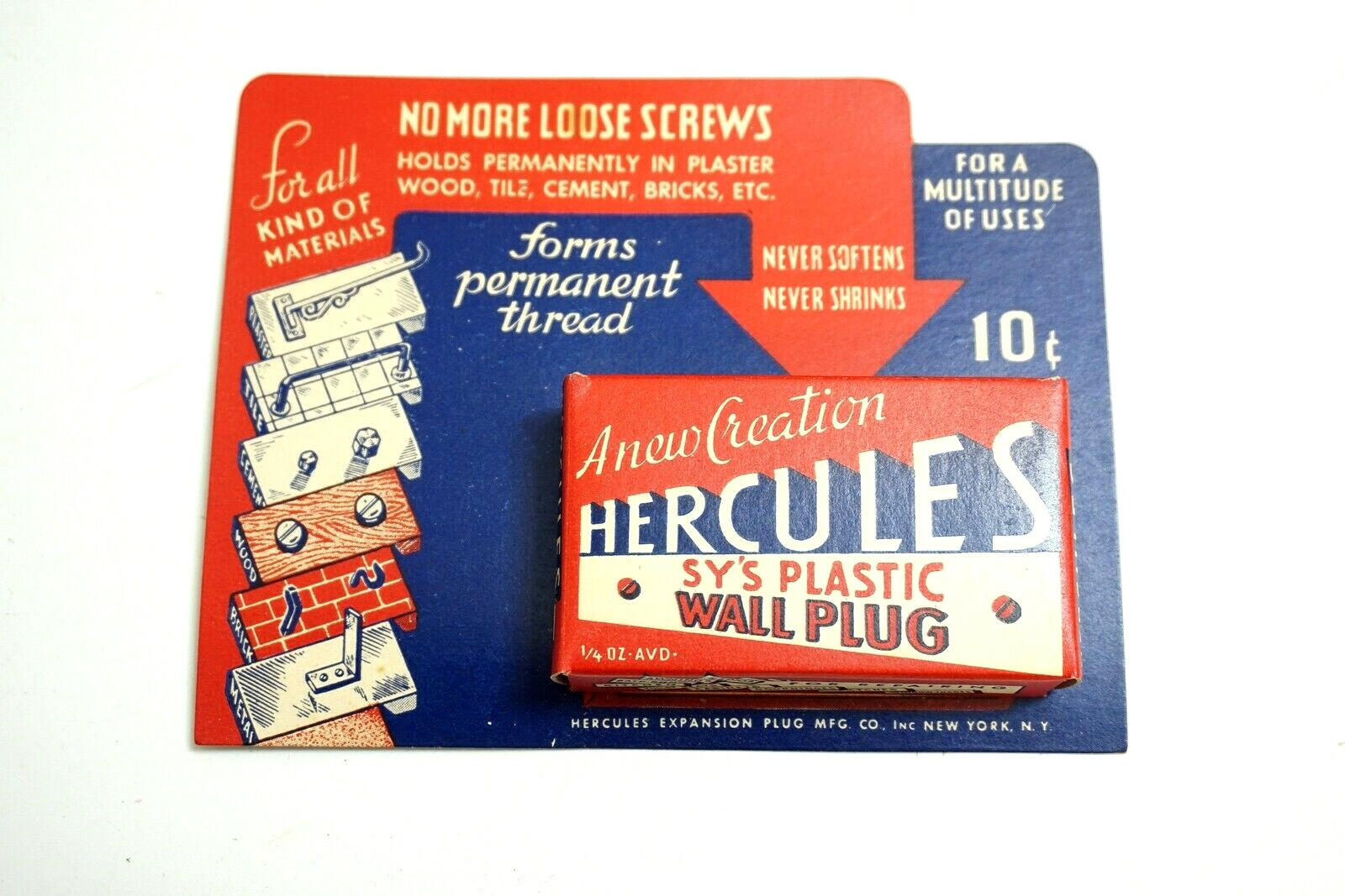 NEW 1940’S HERCULES SY’S PLASTIC WALL PLUG REPAIR KIT MINT ON DISPLAY CARD NOS!!