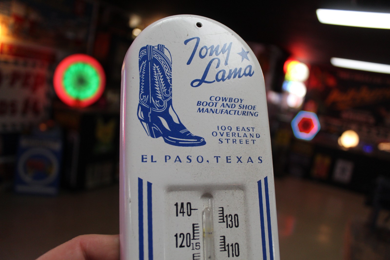 RARE 1950s TONY LAMA BOOTS TEXAS DEALER METAL THERMOMETER SIGN EL PASO COWBOY