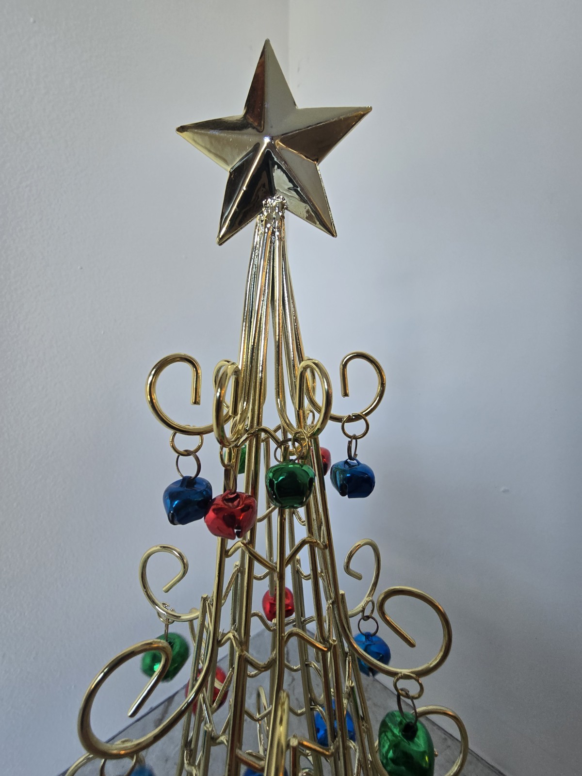 Vintage Gold Metal Wire Christmas Tree W/Jingle Bells And Star Tabletop Decor