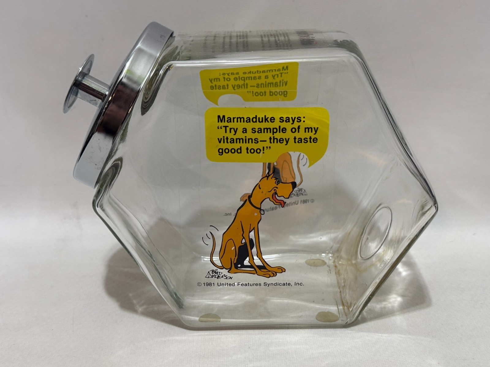 Vintage 1981 Marmaduke Retail Glass Countertop Store Display Dog Vitamin Sample