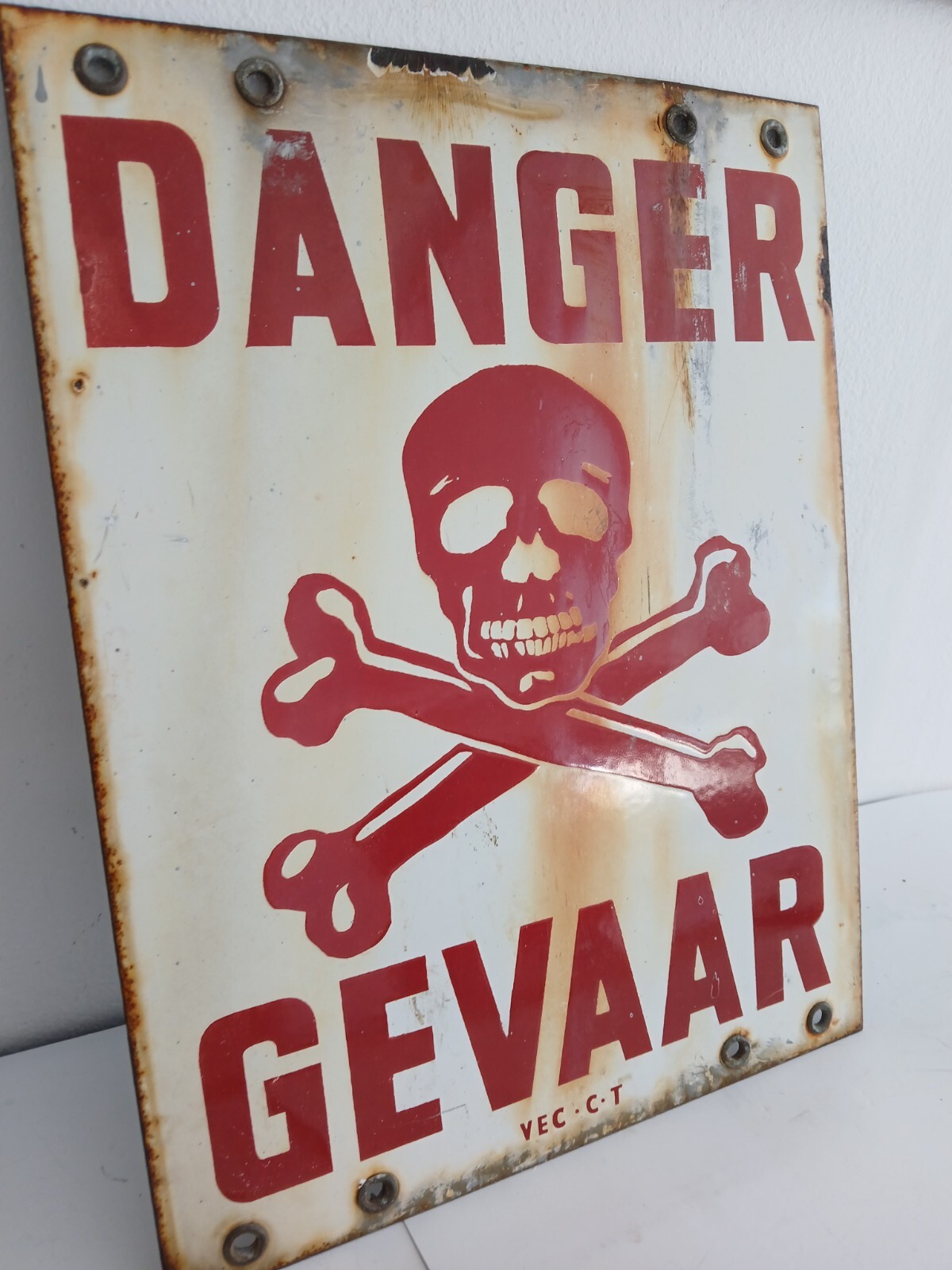 ENGLISH SIGN DANGER DANGER SIGN metal and porcelain enameled 1950s with skull